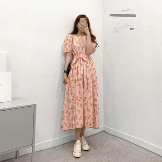 Puff-sleeve Floral Print Tiered Dress With Sash