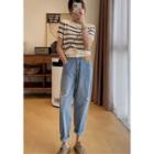 Short-sleeve Striped Top / Distressed Straight Leg Jeans / Set
