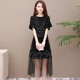 Set: Elbow-sleeve Mini Dress + Sleeveless Mesh A-line Midi Dress