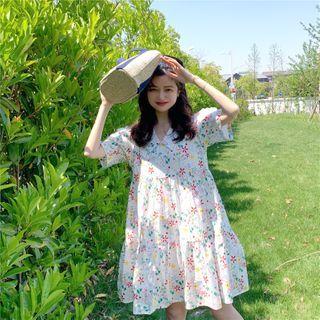 Short-sleeve Tiered Floral Print A-line Dress Floral - White - One Size