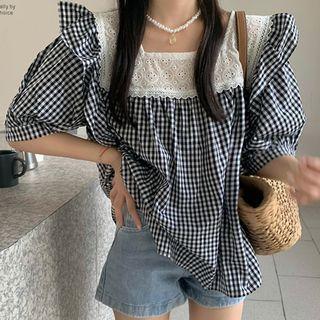Short-sleeve Lace Panel Gingham Blouse
