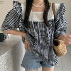 Short-sleeve Lace Panel Gingham Blouse