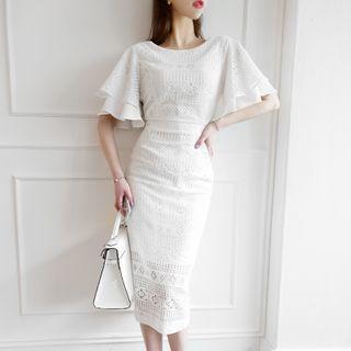 Lace Flared-sleeve Midi Sheath Dress