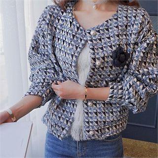 Puff-sleeve Faux-pearl Button Tweed Jacket