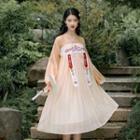 Traditional Chinese Long-sleeve Mesh Midi Dress