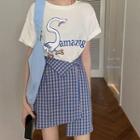 Goose Print Short-sleeve T-shirt / Plaid Mini A-line Skirt