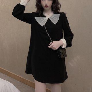 Long-sleeve Bow Mini Shift Dress