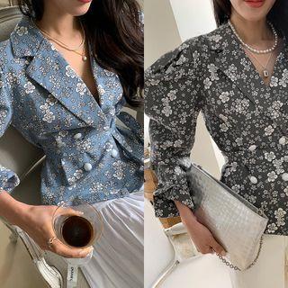 Puff-sleeve Double-breasted Floral Blazer With Sash