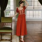 Short-sleeve Floral Embroidered A-line Midi Dress