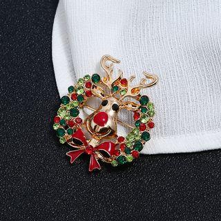 Rhinestone Christmas Deer Brooch Gold & Red - One Size