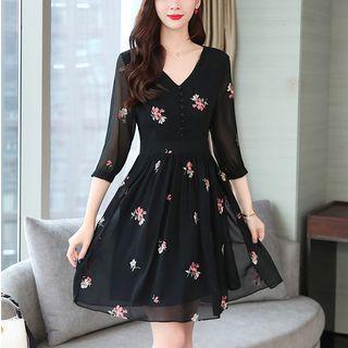 3/4-sleeve Floral Embroidered Chiffon Dress