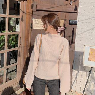 Mock-neck Bishop-sleeve Rib-knit Top Light Beige - One Size