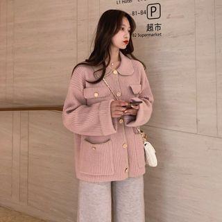 Long-sleeve Ribbed Cardigan / High-waist Pattern Knit Pants