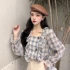 Long-sleeve Ruffled Plaid Blouse As Shown In Figure - One Size