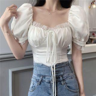 Puff-sleeve Drawstring Sheer Blouse As Shown In Figure - One Size