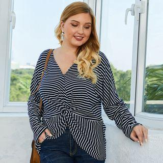 V-neck Striped Long-sleeve Ribbed Top