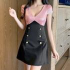 Short-sleeve V-neck Two-tone Mini A-line Dress