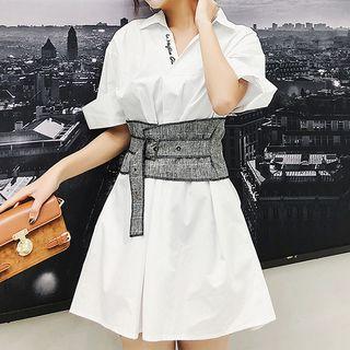 Set: Letter Embroidered Mini Shirtdress + Plaid Corset Belt