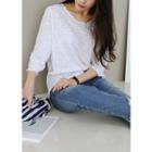 Frayed-edge 3/4-sleeve T-shirt
