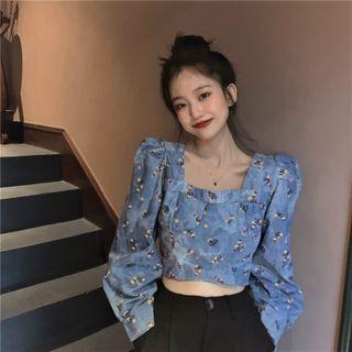 Square-neck Floral Denim Blouse