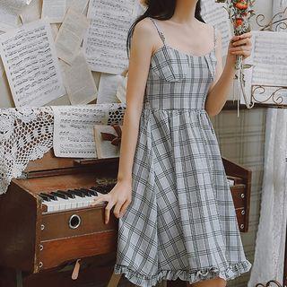 Spaghetti Strap Frill Trim Plaid A-line Dress