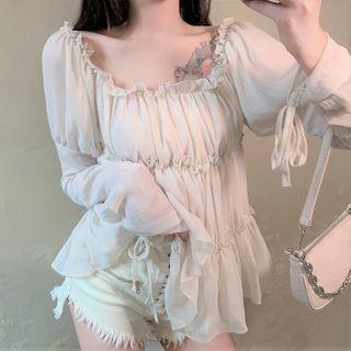 Long-sleeve Tiered Ruffled Chiffon Blouse As Shown In Figure - One Size