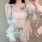Long-sleeve Tiered Ruffled Chiffon Blouse As Shown In Figure - One Size