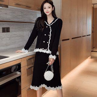 Set: Lace Trim Cardigan + Knit Skirt