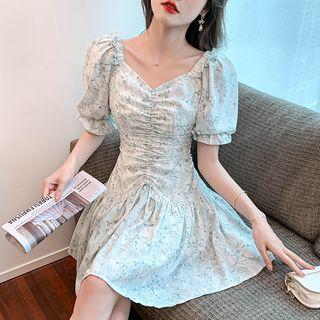 Short Sleeve V-neck Drawstring Floral Chiffon Mini A-line Dress