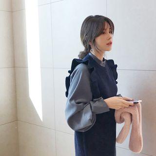 Set: Balloon-sleeve Blouse + Sleeveless Knit Dress Blue - One Size
