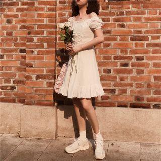 Puff-sleeve Frill Trim A-line Dress As Shown In Figure - One Size