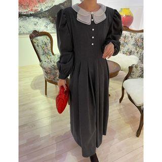 Puff-sleeve Collared Midi A-line Dress Gray - One Size
