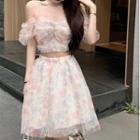 Cold-shoulder Floral Cropped Blouse / Mini A-line Skirt
