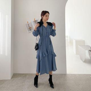 Capelet Frilled Long Shirtwaist Dress