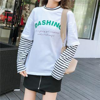 Striped Long-sleeve Mock Two-piece Lettering T-shirt