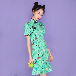 Cartoon Print Short-sleeve Ruffle Hem Mini Qipao