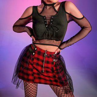 Mock-two-piece Cold-shoulder Mesh Panel Crop Top