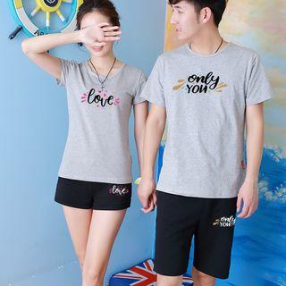 Couple Matching Set: Lettering Short-sleeve T-shirt + Shorts