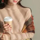 Mock-neck Knit Top With Faux-pearl Brooch