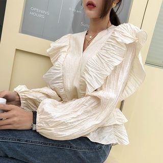 Wrap-front Crinkled Peplum Blouse