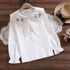Long-sleeve Wide Collar Heart Embroidered Blouse