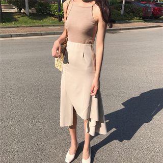 Ribbed Halter Camisole Top / Asymmetric Midi A-line Skirt