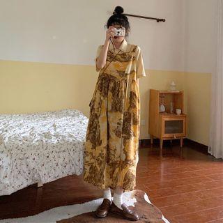 Elbow-sleeve Shirt / Printed Maxi A-line Pinafore Dress