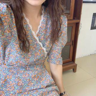 Floral Print Puff-sleeve Midi A-line Dress Floral - Blue - One Size