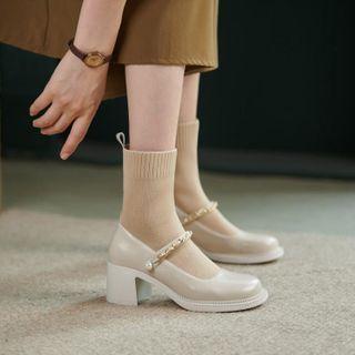 Genuine Leather Knit Panel Block-heel Ankle Boots