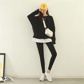 Set: Layered-hem Pullover + Pipe-trim Leggings