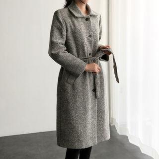 Single-breasted Herringbone Wool Blend Coat With Sash