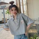 Elbow-sleeve Bear Print Lace-up Polo Shirt