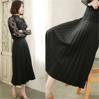 Accordion-pleat Band-waist Long Skirt