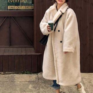 Long Double-breasted Furry Coat Milky White - One Size